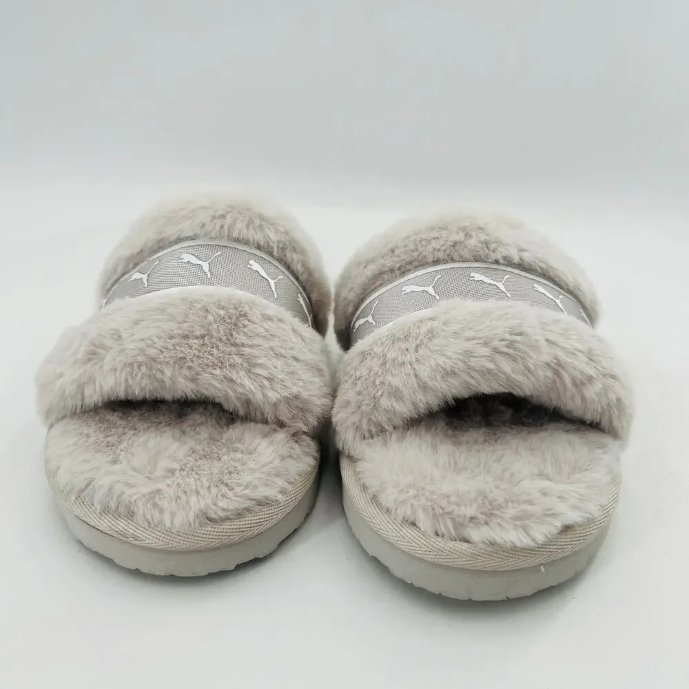PUMA Fluff Remix Faux Fur Women's Shoes Slide Gray Sandals Size 5